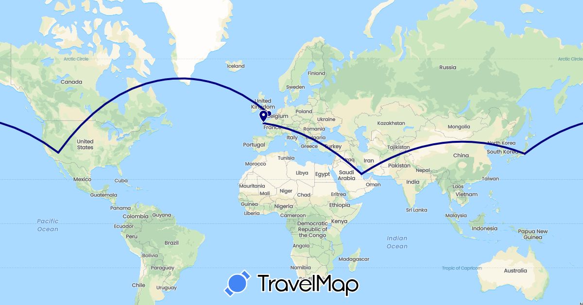 TravelMap itinerary: driving in Bahrain, France, United Kingdom, Japan, United States (Asia, Europe, North America)